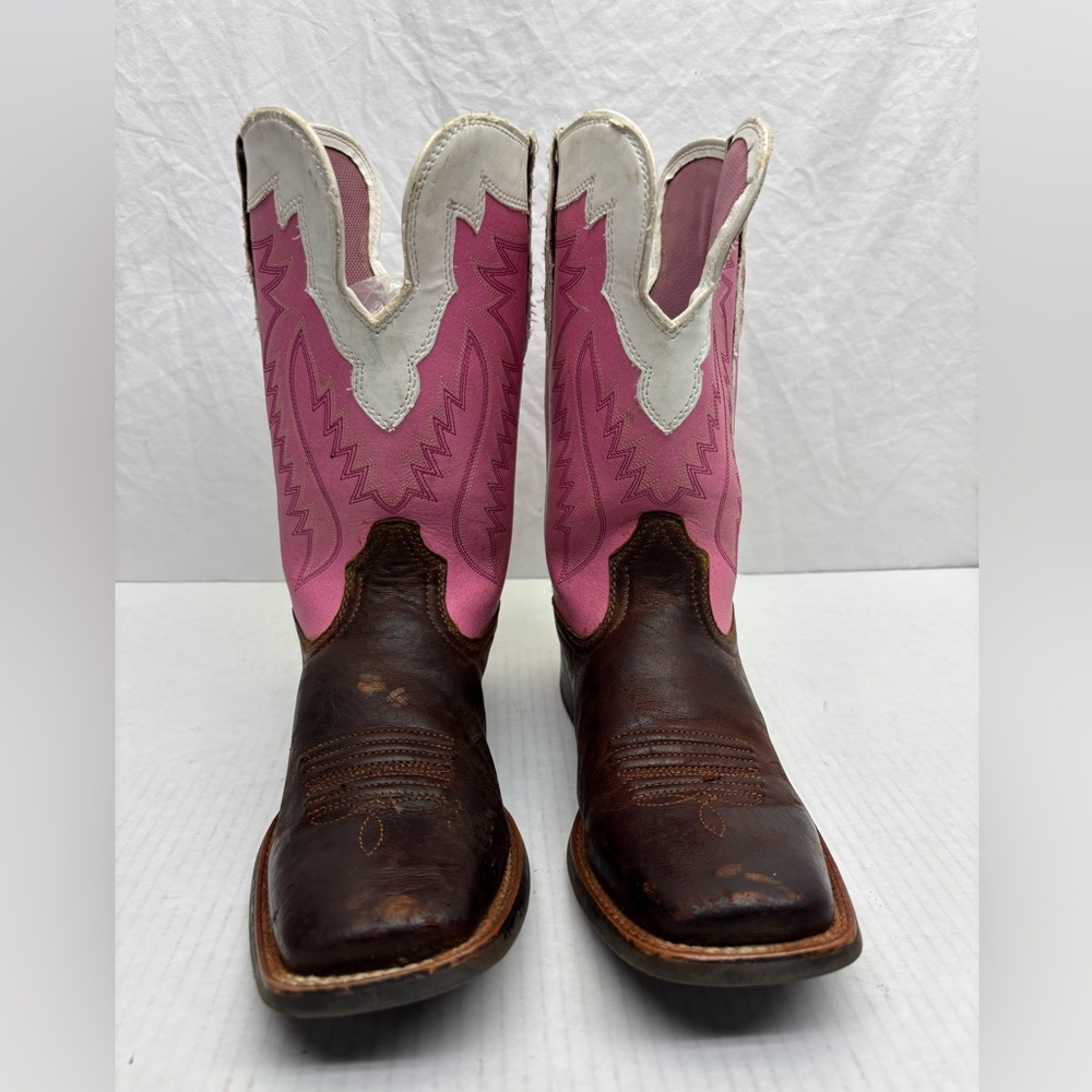 Ariat Pink & White Western Cowgirl Boots with Brown Foot, SZ 5 big girl